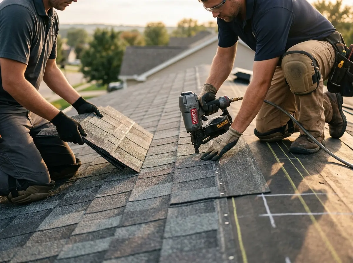 Professional roofer working on a residential roof in Beebe